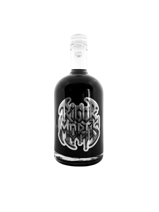 Étiquette de Rigor Mortis, absinthe noire aux chrysanthèmes